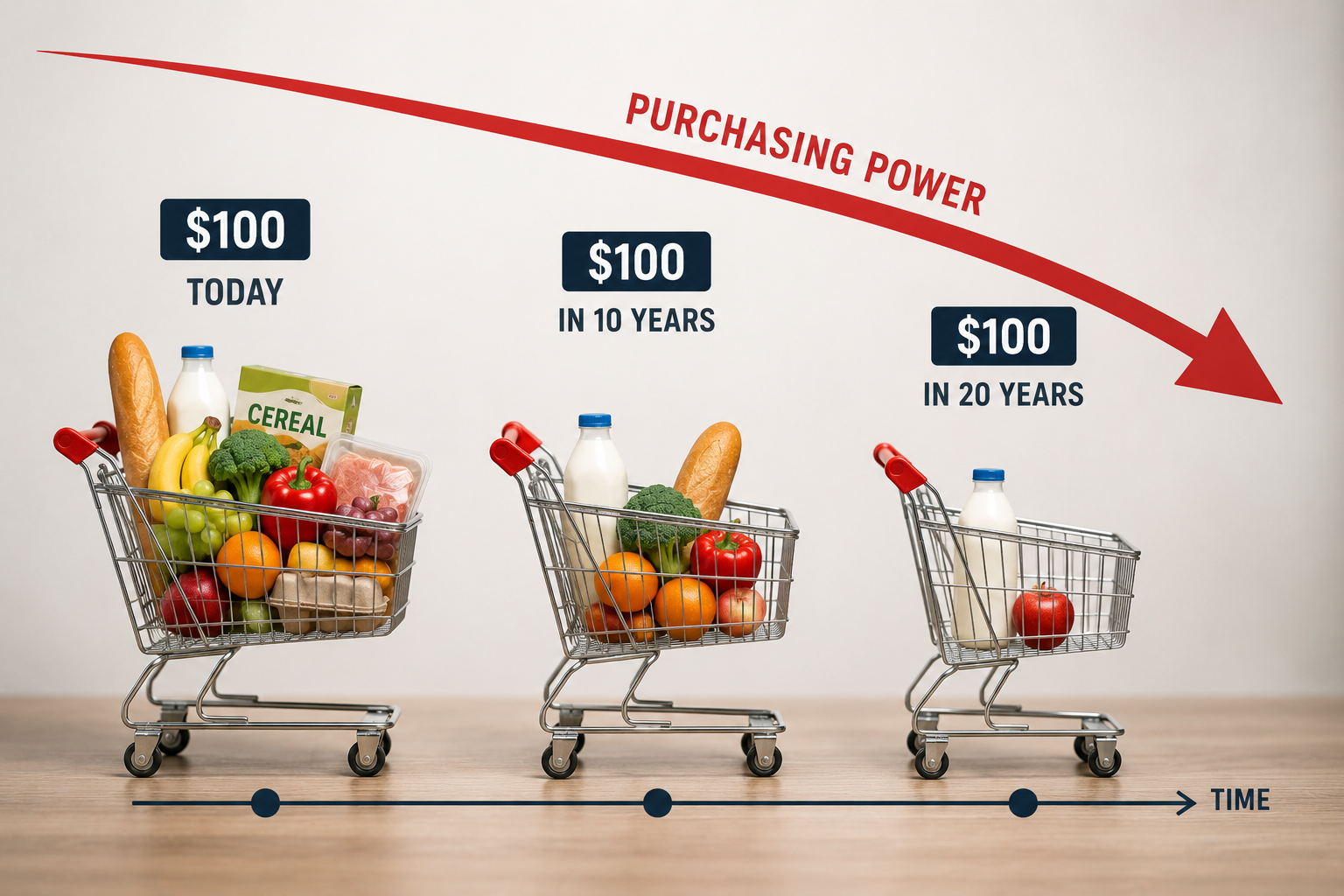 How inflation reduces purchasing power over time as the same amount of cash buys fewer goods and groceries.