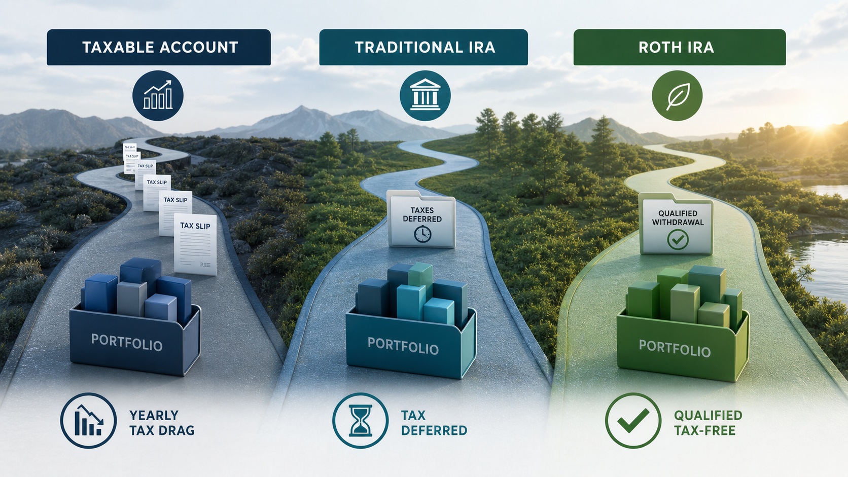 taxable traditional IRA and Roth account tax treatment paths