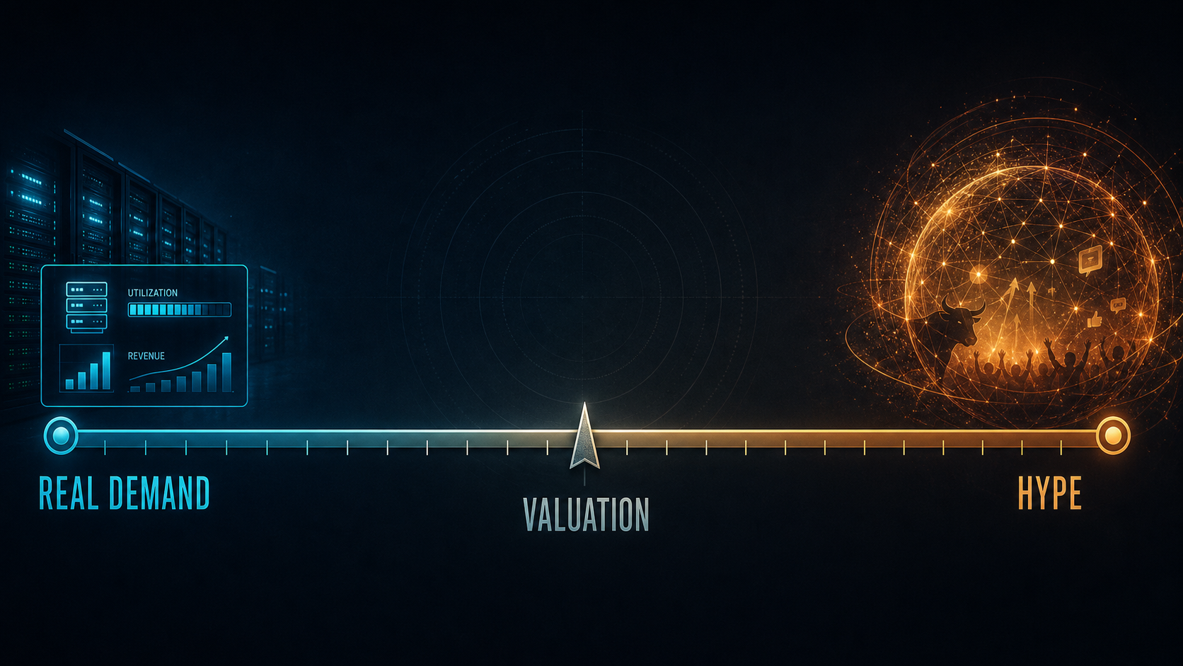 spectrum from real AI demand through valuation to speculative hype