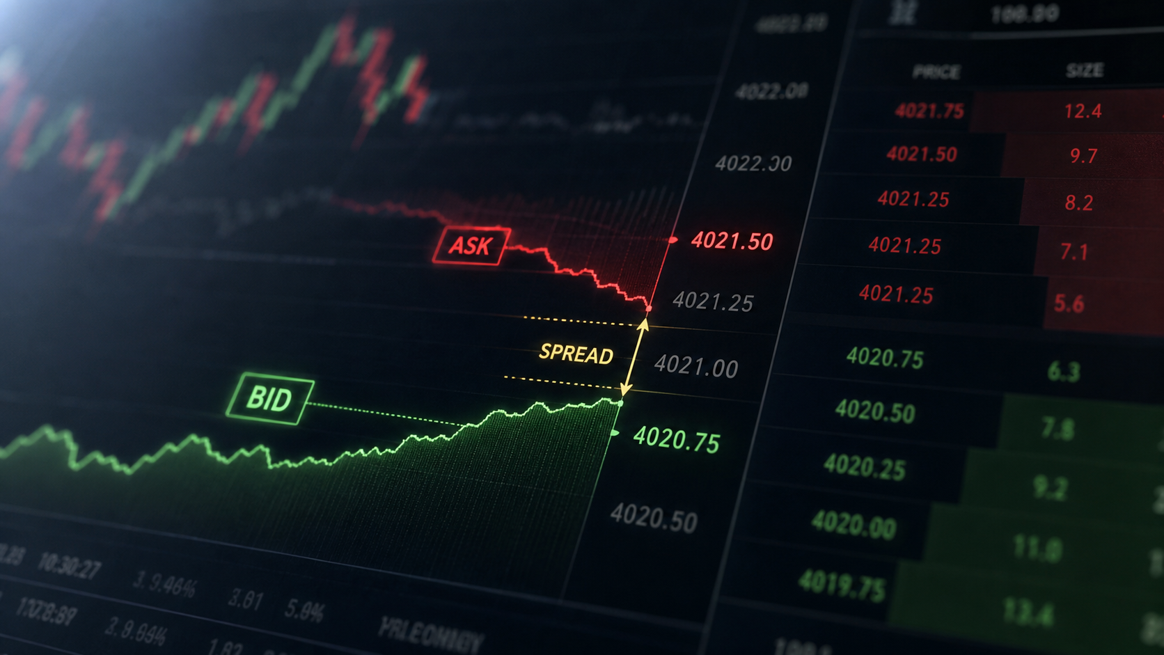 What is a bid-ask spread visual showing bid and ask price levels with the spread highlighted
