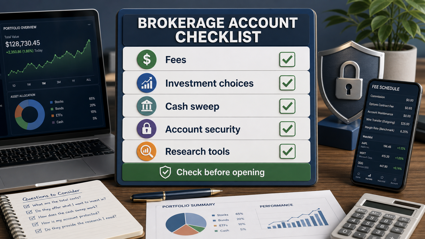 brokerage account checklist showing fees investment choices cash sweep security and research tools