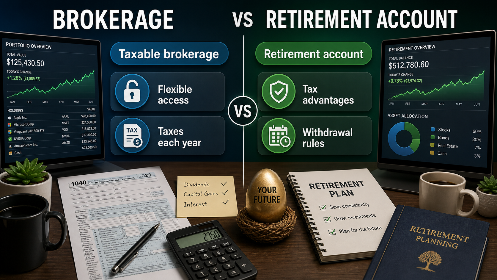 brokerage account vs retirement account comparison showing flexible access taxes and withdrawal rules