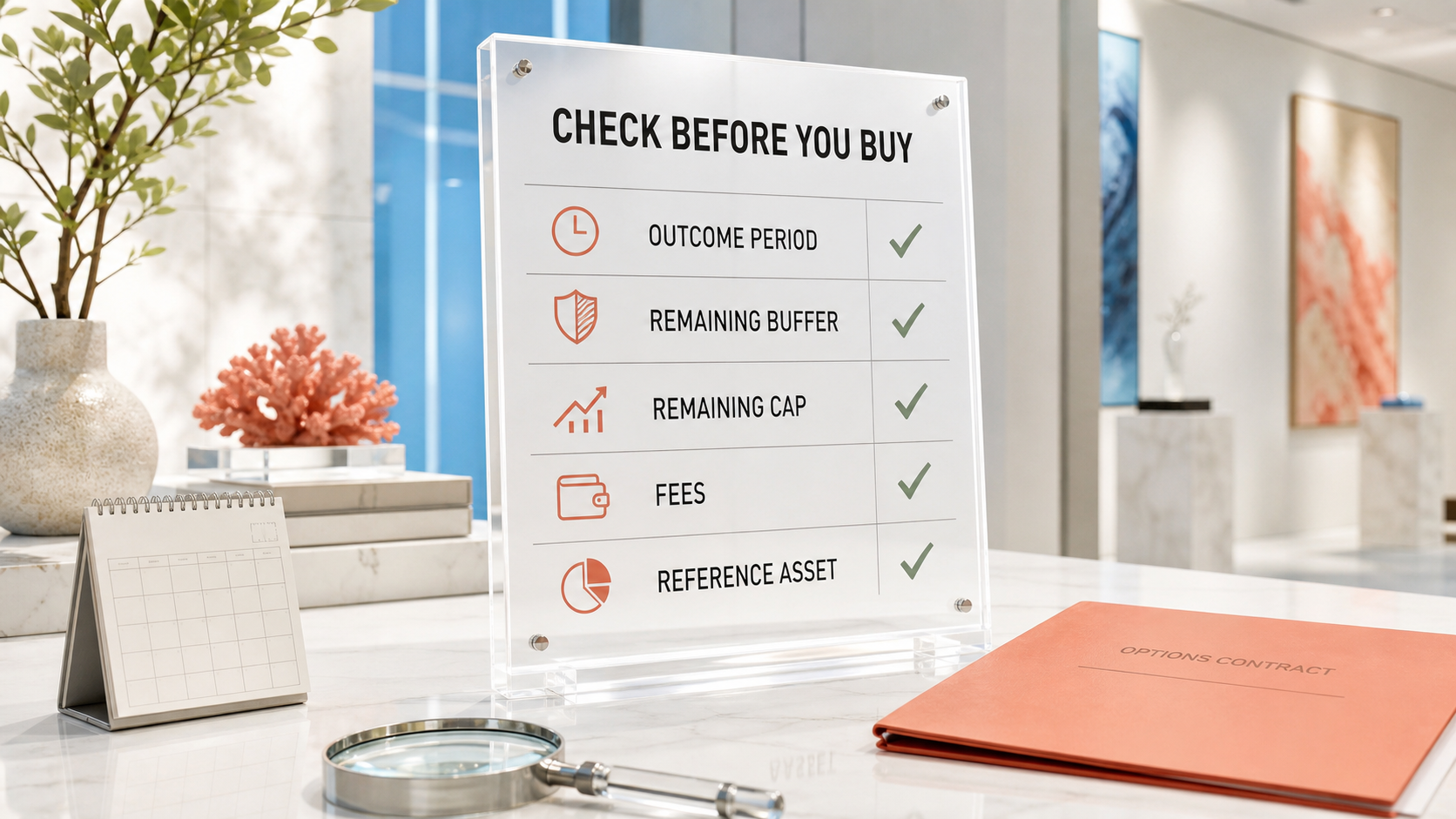 checklist for buffer ETFs including outcome period remaining buffer remaining cap fees and reference asset