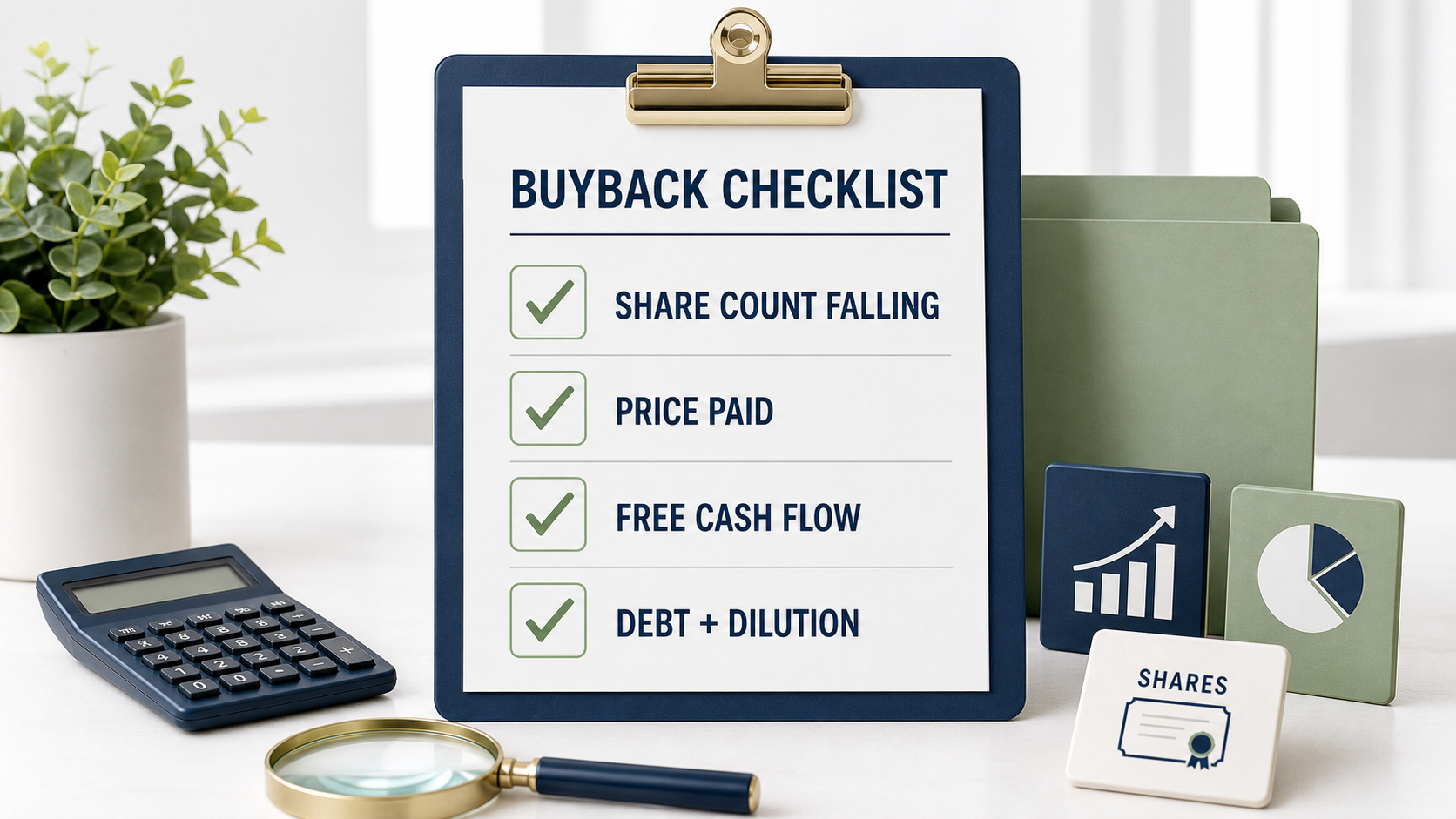 stock buyback checklist covering share count price paid free cash flow debt and dilution