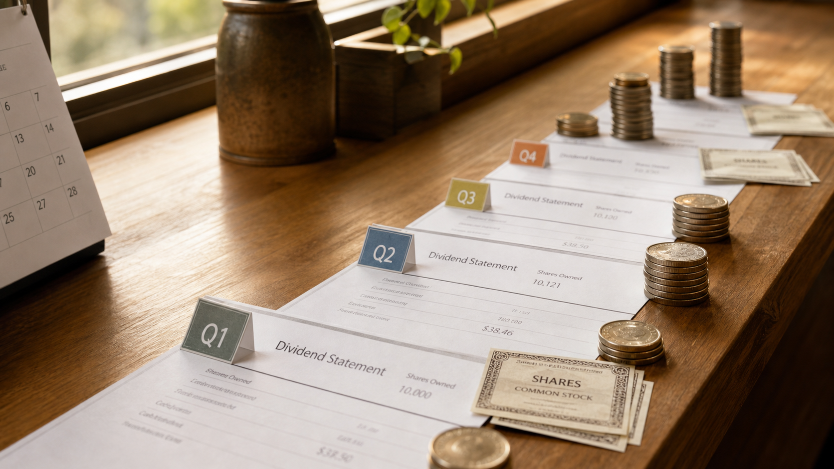 quarterly dividend statements showing compounding through reinvested shares