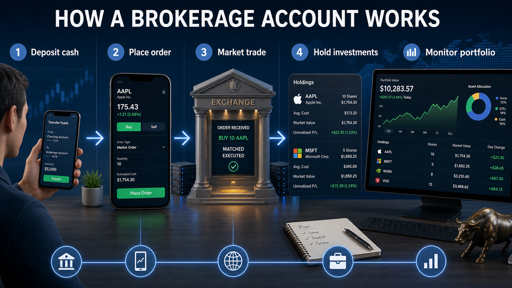 brokerage account process showing deposit cash place order market trade and portfolio tracking