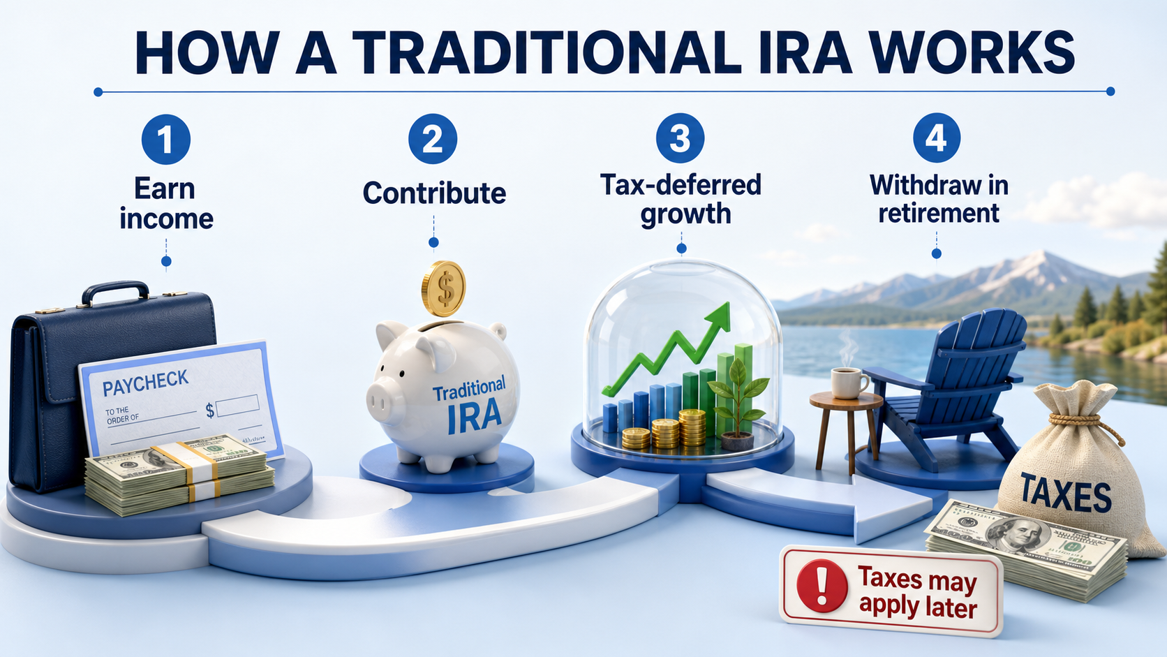 traditional IRA process showing earned income contributions tax-deferred growth and retirement withdrawals