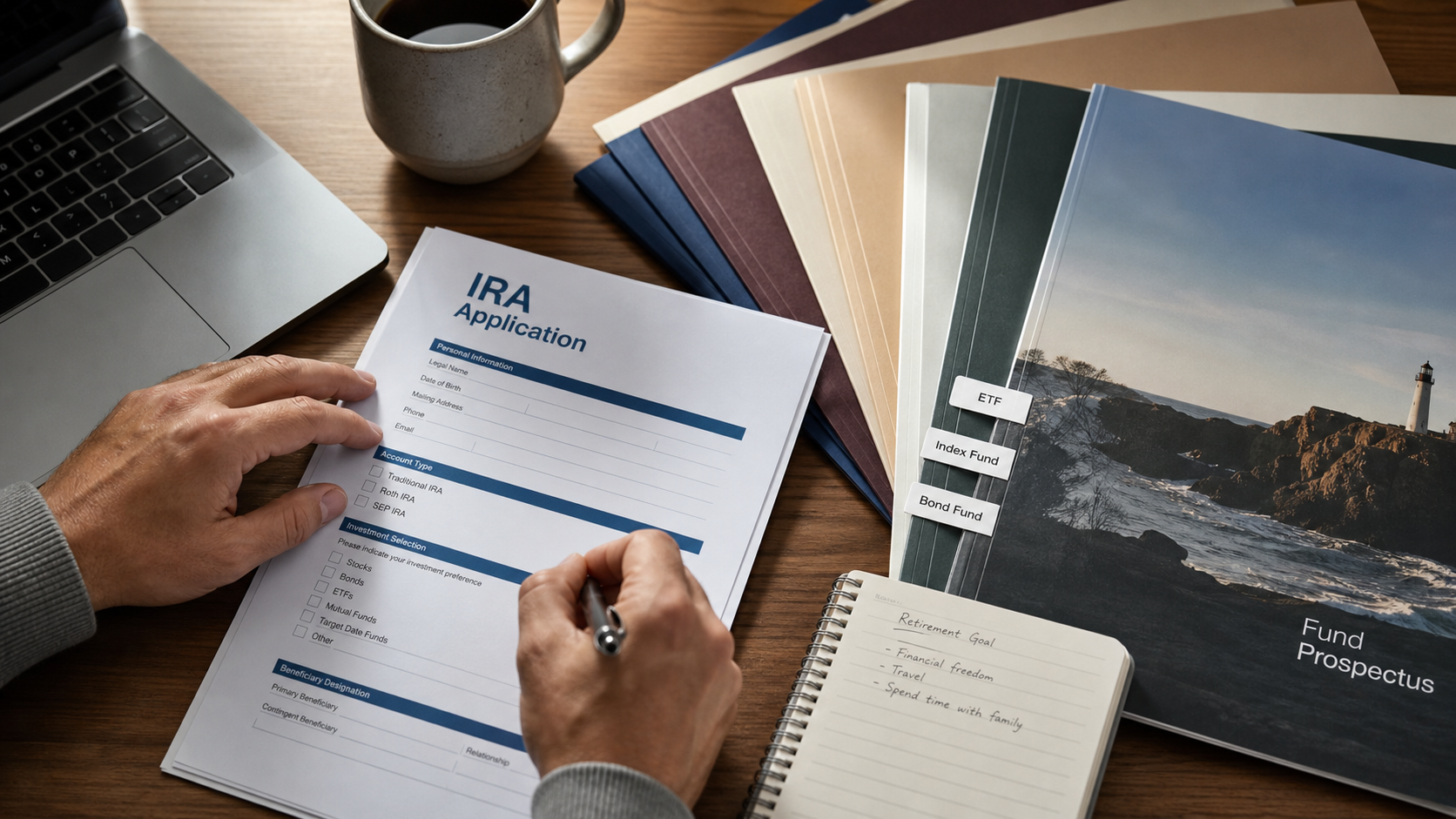 IRA application with investment fund choices on a retirement desk