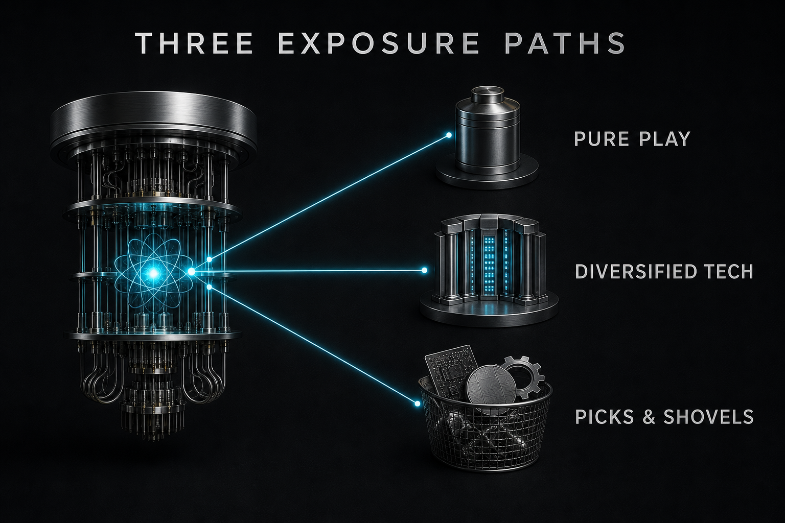 Three quantum investment exposure paths: pure play, diversified technology, and suppliers