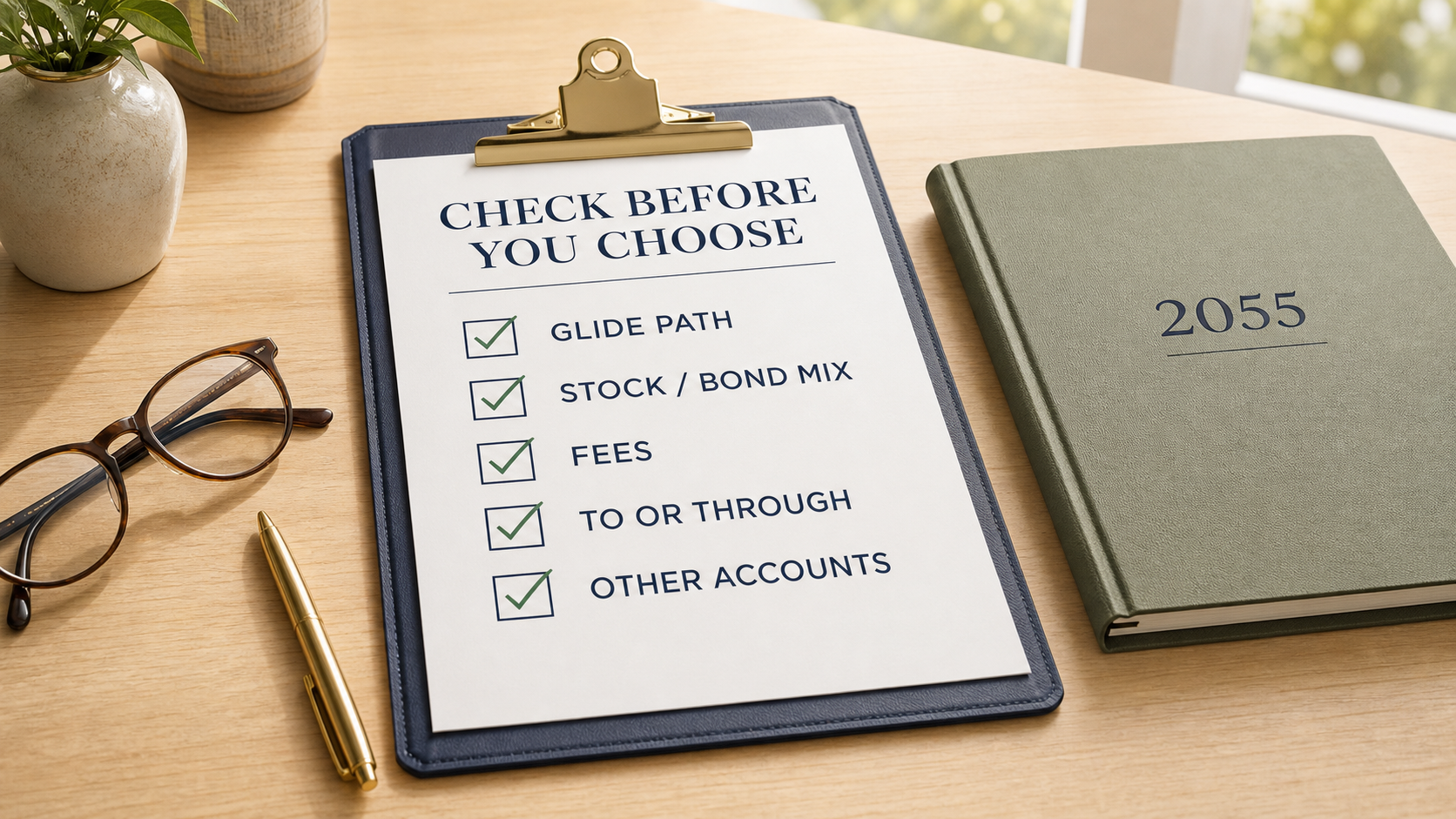 checklist for choosing target date funds including glide path allocation fees and other accounts