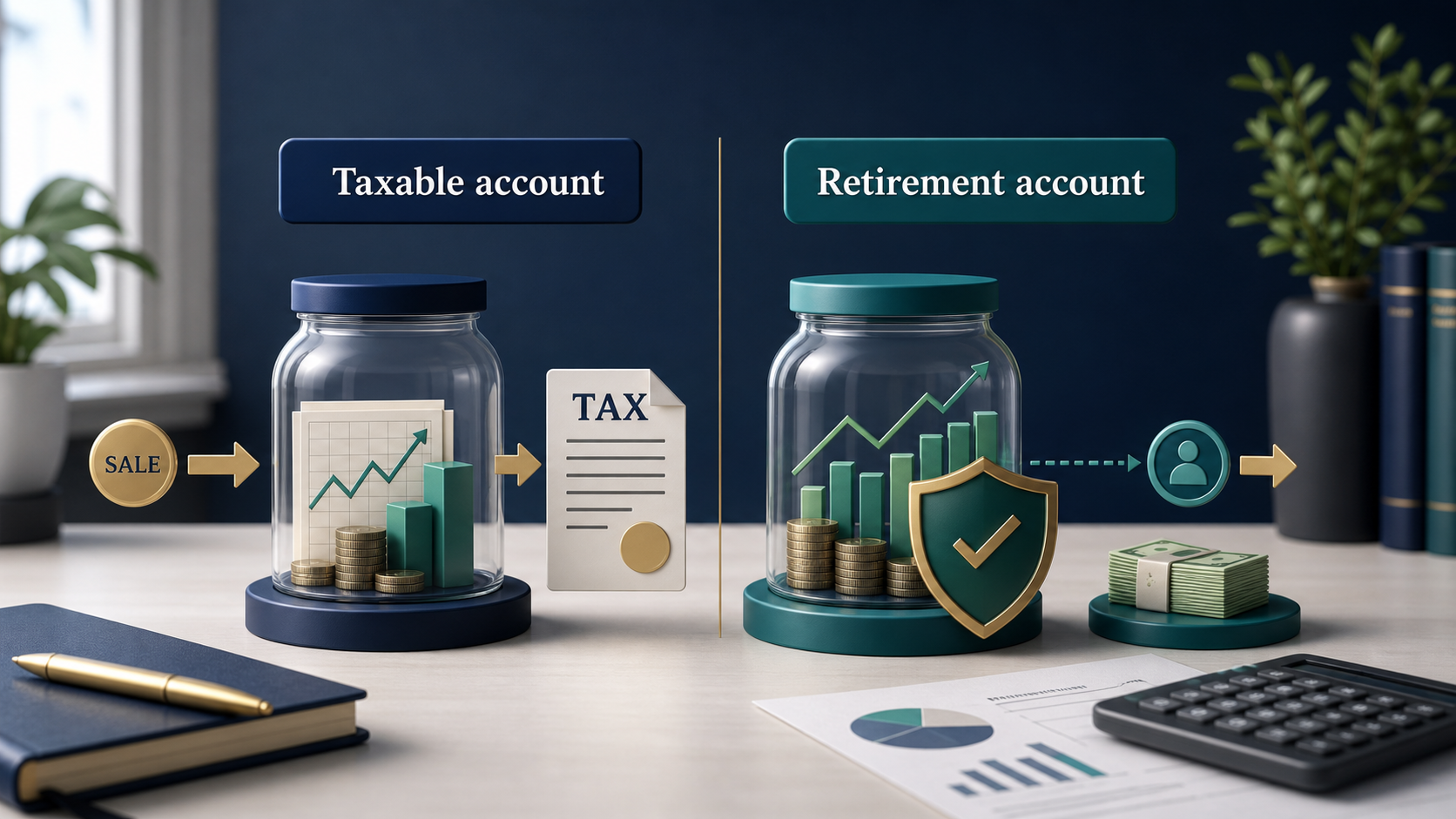 Taxable account and retirement account tax timing comparison