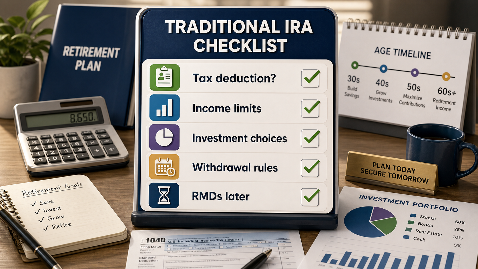 traditional IRA checklist showing tax deduction income limits investment choices withdrawal rules and RMDs