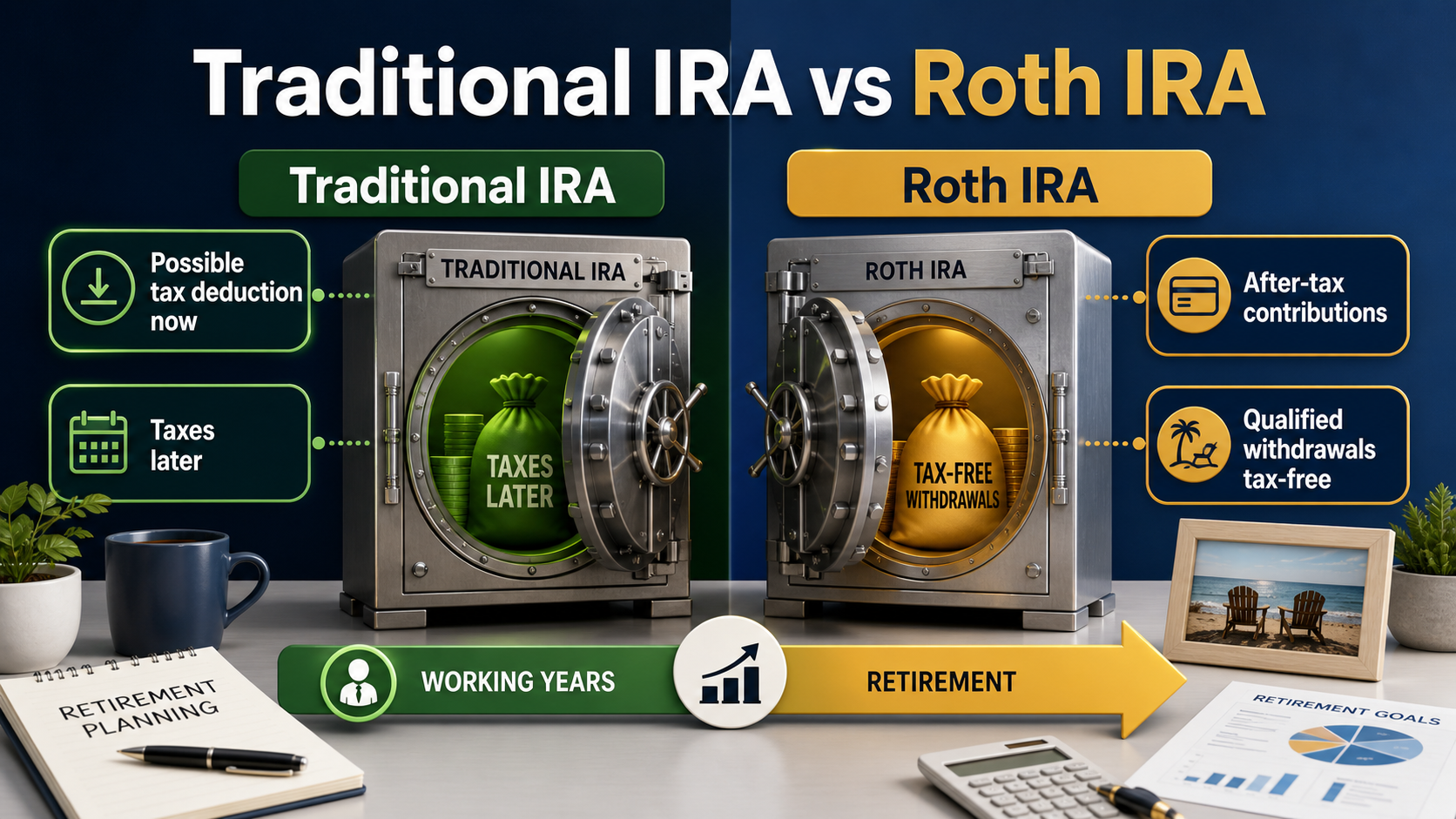 traditional IRA vs Roth IRA comparison showing tax deduction now and tax-free qualified withdrawals later