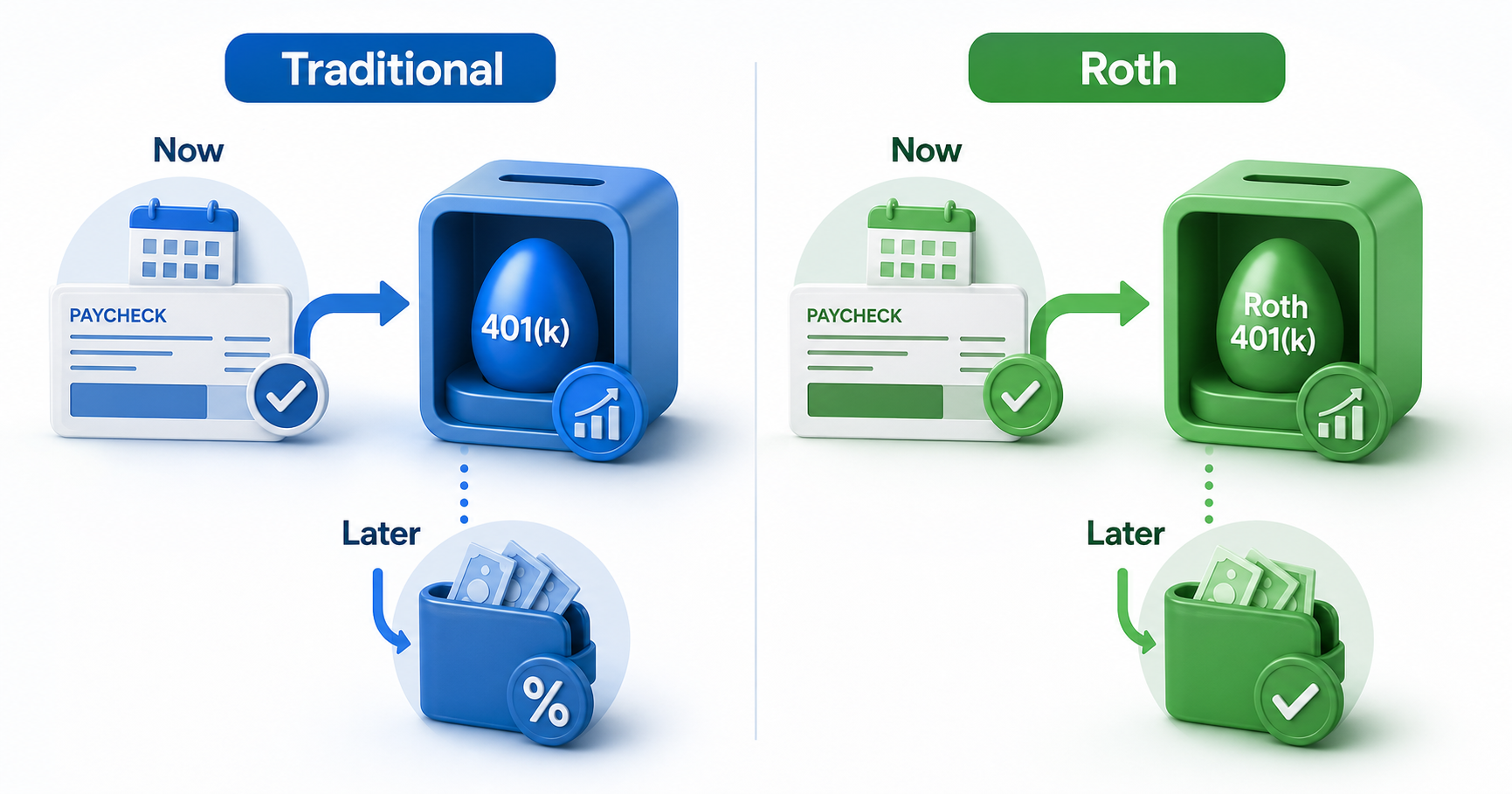 Traditional 401(k) and Roth 401(k) tax timing comparison