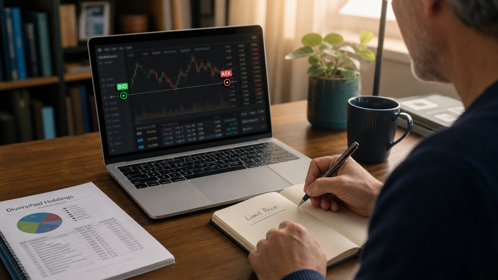 investor checking ETF bid and ask prices before using a limit order