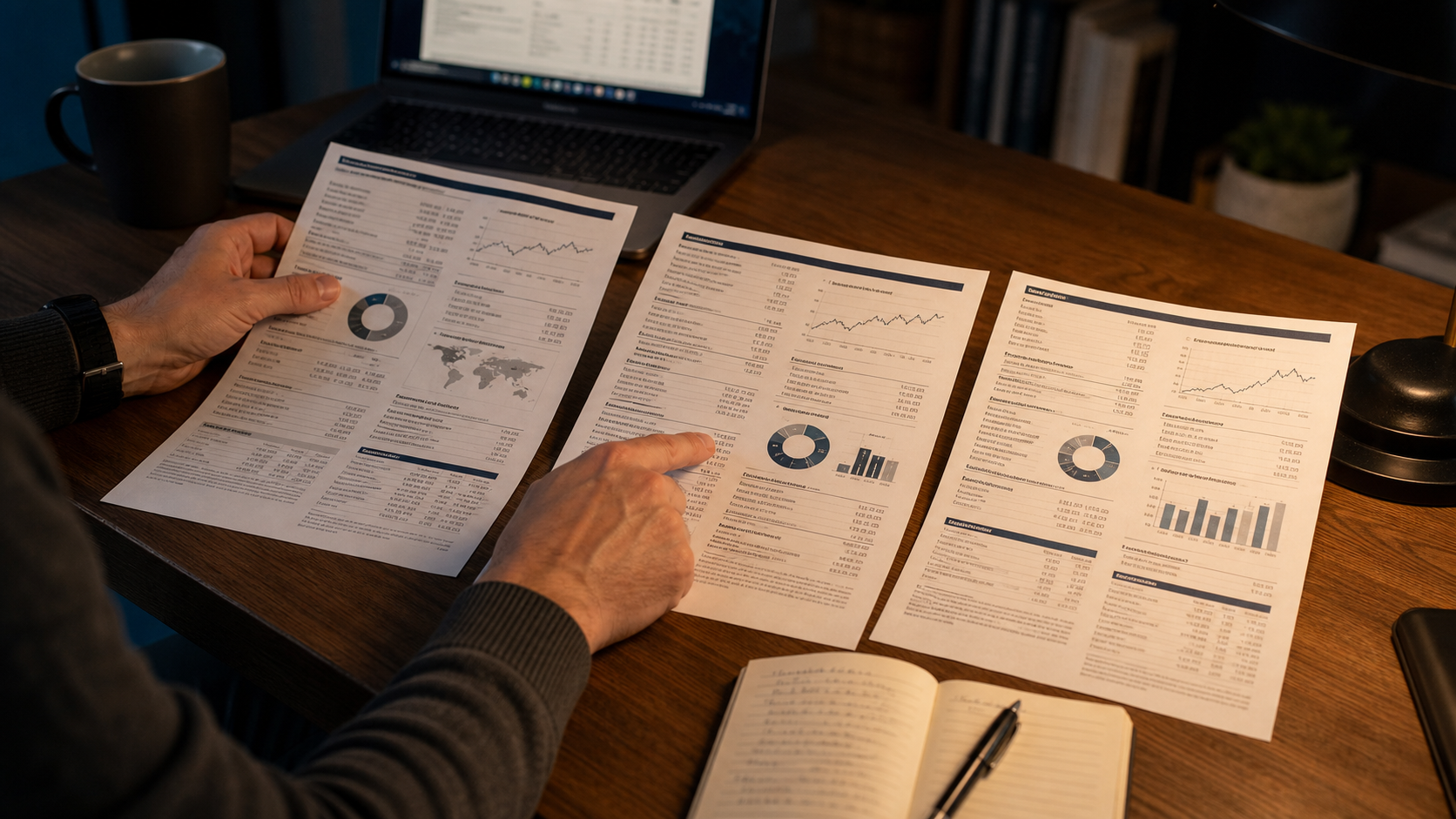 investor comparing three ETF fact sheets before buying