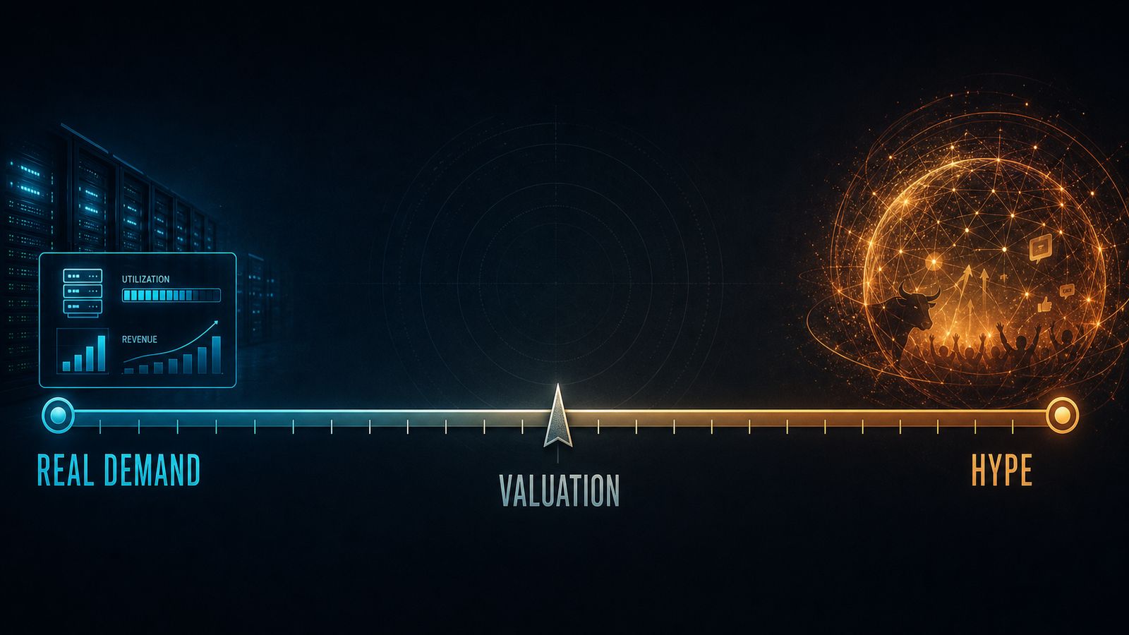 spectrum from real AI demand through valuation to speculative hype