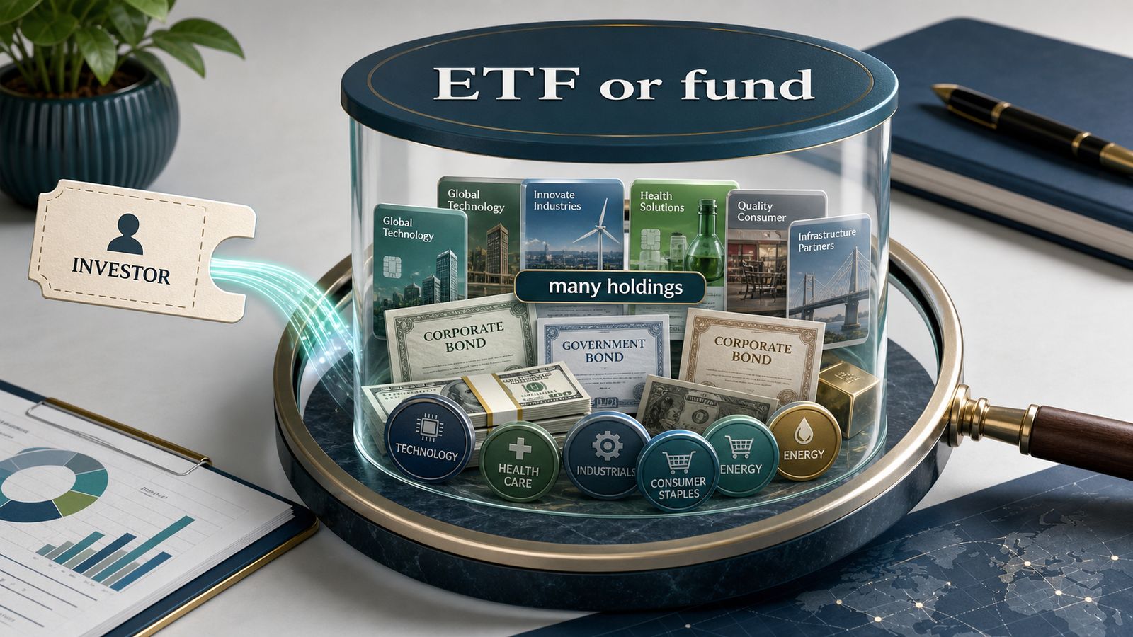 ETF and mutual fund container showing many stocks bonds cash and sector holdings